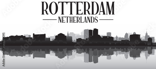 Black and white panoramic poster of the city skyline with misty background buildings and water reflection of ROTTERDAM, NETHERLANDS