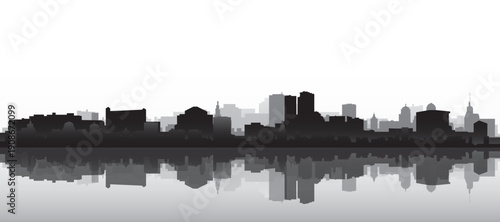 Black and white panoramic poster of the city skyline with misty background buildings and water reflection of ROTTERDAM, NETHERLANDS