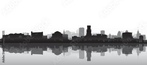 Black and white panoramic poster of the city skyline with misty background buildings and water reflection of BRUGES, BELGIUM