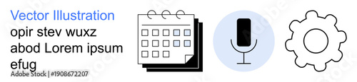 Productivity, communication, organization, technology, user interface, media tools. Calendar with dates, microphone and gear symbol. Scheduling and communication tools concept