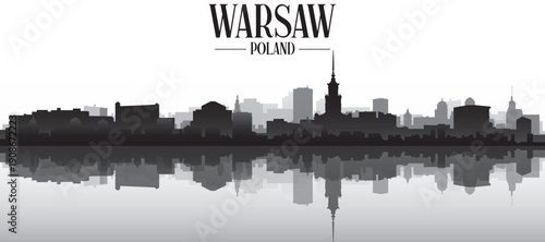 Black and white panoramic poster of the city skyline with misty background buildings and water reflection of WARSAW, POLAND
