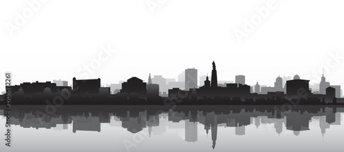 Black and white panoramic poster of the city skyline with misty background buildings and water reflection of LODZ, POLAND