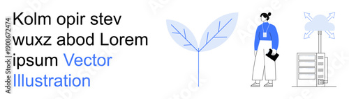 Sustainability, innovation, cloud technology, renewable energy, data management, environmental growth. A person stands near a data center with a leaf and arrows growth. Sustainability and innovation