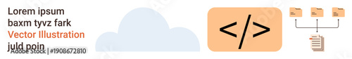 Cloud computing, programming, data storage, technology infrastructure, workflow system, coding visualization. Features cloud icon, coding symbol and networked file structure. Cloud computing