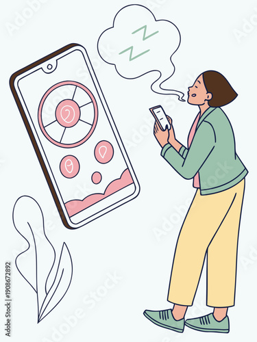 Woman using smartphone displaying wellness app interface with breathing exercises, surrounded by calming elements and a light background in a modern illustration style