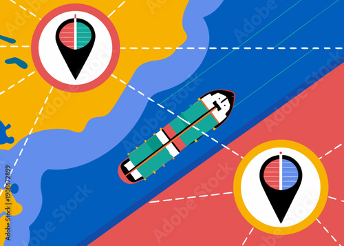 Satellite monitoring of oil tankers with GPS tracking icons displayed on a colorful map, illustrating maritime navigation and shipping routes