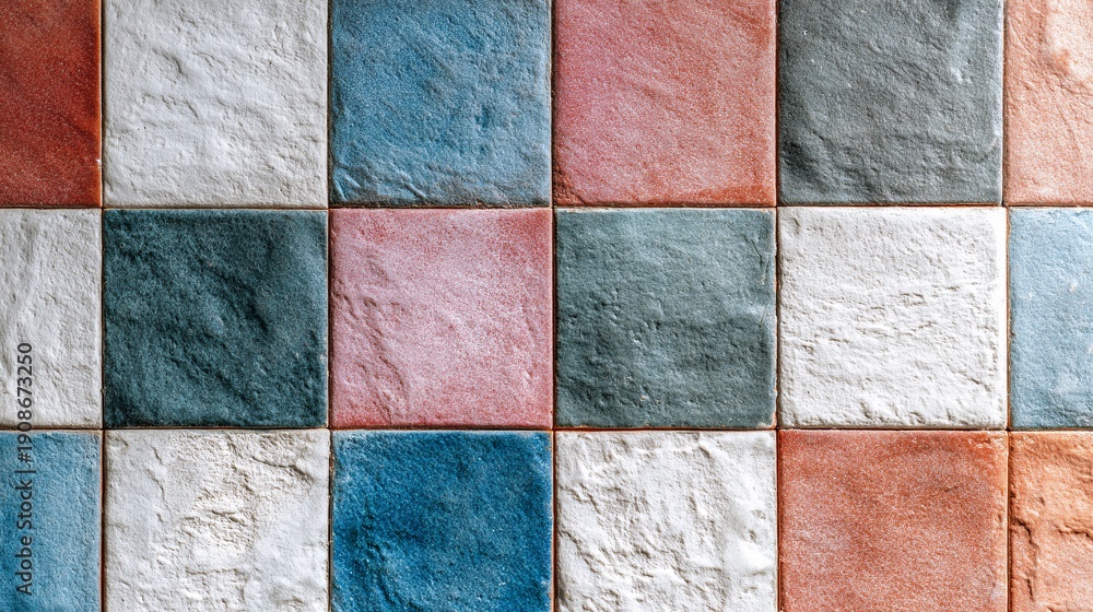 Fototapeta premium Colorful textured square tiles in rustic pattern with varied tones