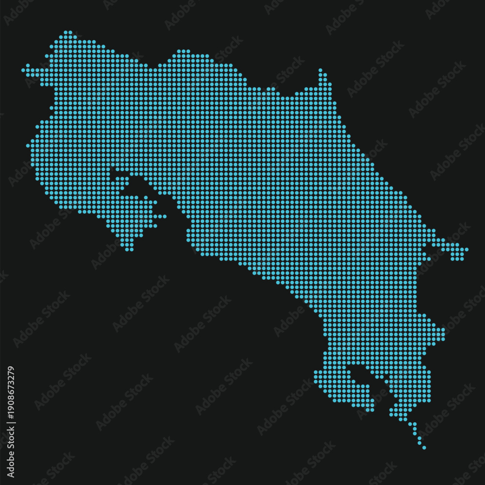 Obraz premium Costa Rica Light Blue Point Grid Map on Black for Cybersecurity and Digital Services. Map of Costa Rica dotted style.