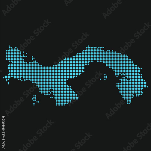 Panama Light Blue Point Grid Map on Black for Digital Banking and Fintech Hubs. Map of Panama dotted style.