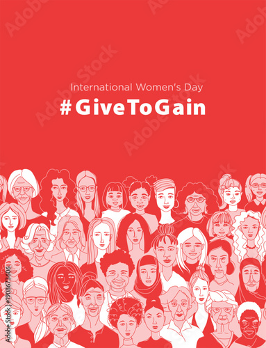 Give to Gain, International Women Day Equality Poster with Diverse Female Faces