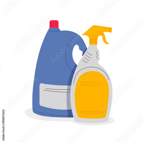Two bottles of household chemicals: spray nozzle and with red cap indicating hazardous nature of chemical substance.