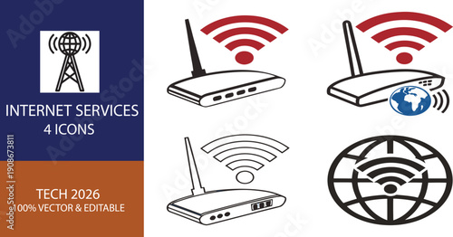 Internet Services Vector Icons Set Featuring Routers, WiFi Symbols, and Globe with Signal Waves for Network and Connectivity Concepts