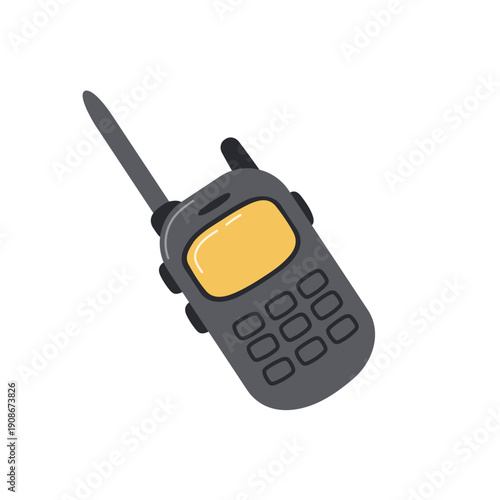 Portable walkie-talkie. Body with screen and buttons. Operational communication, security service coordination and teamwork.
