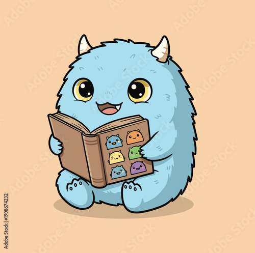 Chubby blue cartoon monster sits down while happily reading an open picture book displaying small colorful faces.