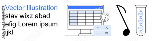 Finance, data management, scientific research, genetics, music theory, education. Image shows a computer with a spreadsheet, DNA in a test tube a calculator and a musical note. Data management
