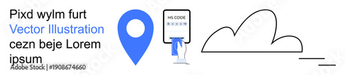 Navigation, cloud data, technology, QR code scanning, connectivity, communication. Blue location pin, smartphone displaying QR code minimalistic cloud design. Navigation and cloud data