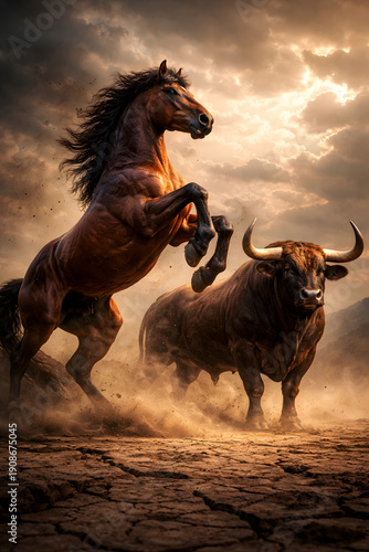 Epic ultra-realistic fantasy scene of a powerful Horse and calm Ox from the Chinese Zodiac, standing on cracked earth with dust and dramatic light, symbolizing strength, balance, and destiny.