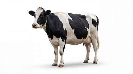 A black and white cow stands alone on a plain background