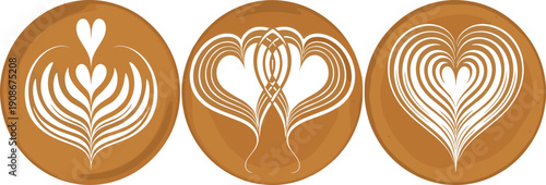 Coffee cups with latte art vector illustration, café culture design, barista craft icon, heart pattern symbol, espresso drink graphic