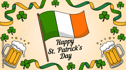Vector illustration for St. Patrick's Day featuring the Irish flag waving amid shamrocks, green-gold ribbons, and frothy beer mugs. Ideal for greetings, banners, posters, and celebrations on March 17
