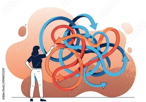 A woman interacts with a complex arrangement of red and blue arrows on a brown background