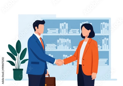 Businessman and businesswoman shaking hands in an office setting with a bookshelf