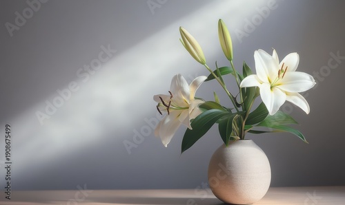 Artistic arrangement of blooming lilies in a minimalist ceramic vase, soft natural light highlighting their delicate petals and elegant simplicity