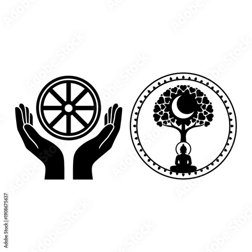 Songkran New Year water ceremony and Buddha Purnima icon bundle