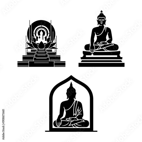 Vesak Buddha Purnima prayer and Songkran culture icon set