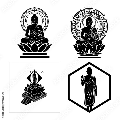 Vesak Buddha Purnima meditation and Songkran festival icon set