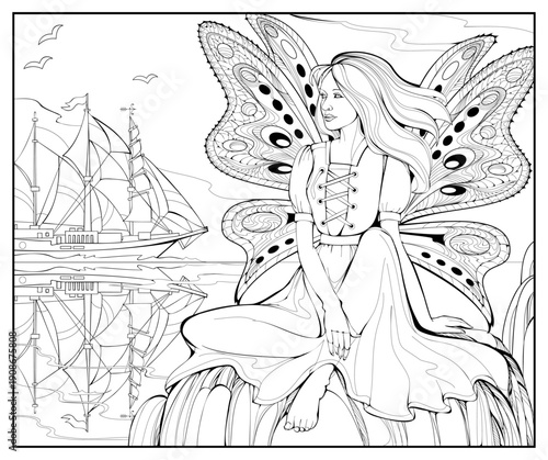 Drawing of a young Breton woman sitting at the rock by the Celtic Sea, dreaming a sea voyage. Coloring book for children and adults. Hand drawn vector. Illustration of an ancient Nordic  legend.