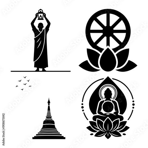 Vesak Buddha Purnima monk prayer spiritual icon set