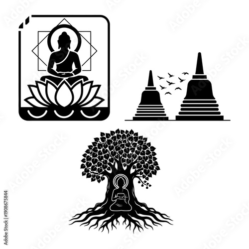 Vesak Buddha Purnima peace and meditation icon set