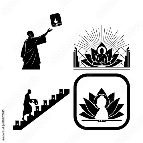 Vesak Buddha Purnima temple and Buddhist symbol icon pack