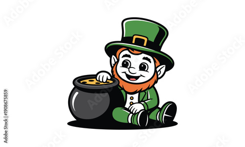 Cartoon leprechaun with orange beard and green hat sits by pot of gold