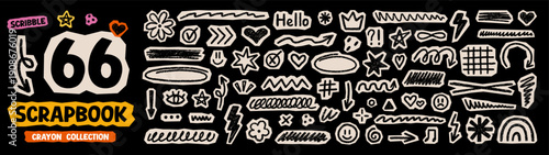 Scrapbook crayon elements doodle set. Chalk cutout scribble shapes and brush lines Hand drawn check mark, arrows, stars and hearts in sketch style. Vector illustration isolated on black background