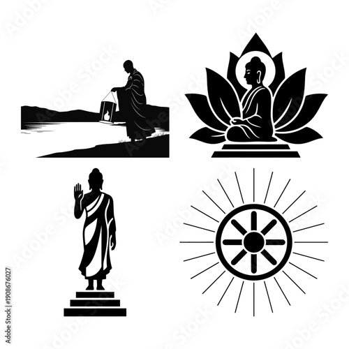 Songkran and Vesak Buddha Purnima spiritual celebration icon bundle