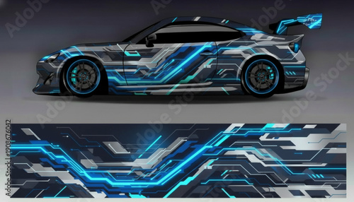 Futuristic sports car with a vibrant blue and grey circuit board digital decal design.