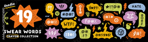 Comic crayon speech bubble with swear word and hate doodle. Hand drawn chalk grumpy text balloon with curse or insult in sketch style. Pencil rude profanity censorship in scribble talk cloud