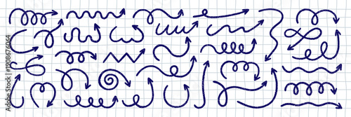 Crayon arrows doodle set. Chalk pencil swirls, blue pen brush squiggly direction pointers in sketch style, Grunge texture. Hand drawn vector illustration on white checkered notebook paper background