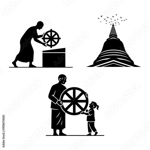 Vesak Buddha Purnima prayer and ceremony icon set