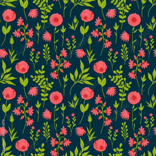 Floral cute seamless pattern with hand drawn beautiful flowers, leaves and herb. Spring and summer trendy background. Abstract modern print. Vector flat illustration.