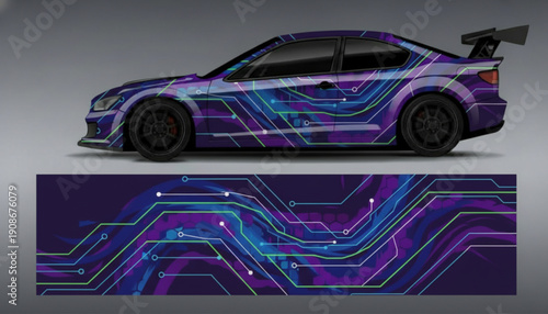 A sports car with a vibrant circuit board-inspired graphic wrap, showcasing a futuristic and technological design.