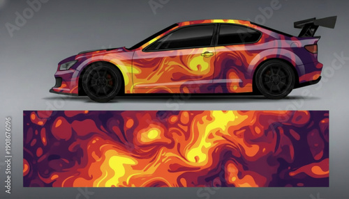 A vibrant sports car featuring an abstract, fiery liquid swirl pattern wrap, with the full design displayed below.