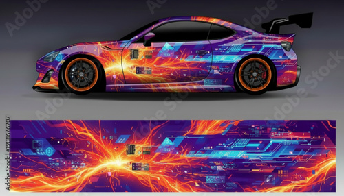 Customized sports car with a vibrant abstract digital circuit board and energy burst vinyl wrap design.