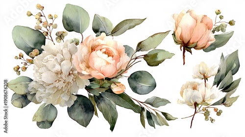 Elegant Peach and White Floral Arrangement with Green Leaves on White Background