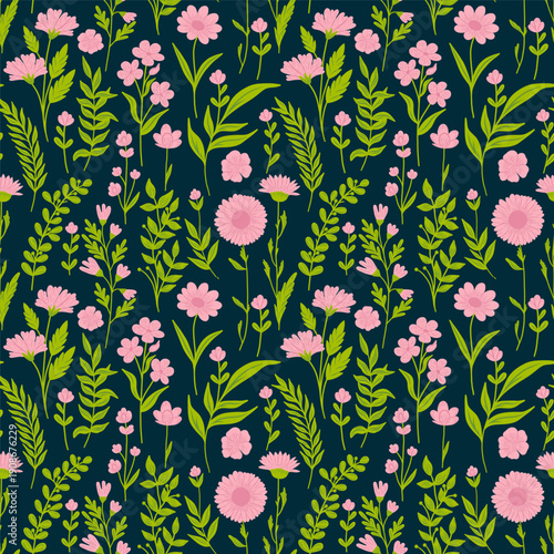 Floral cute seamless pattern with hand drawn beautiful flowers, leaves and herb. Spring and summer trendy background. Abstract modern print. Vector flat illustration.