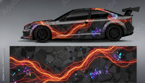 Sporty car with dynamic energy lightning and cracked texture wrap design.