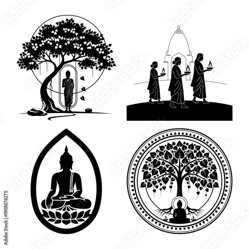 Songkran and Vesak Buddha Purnima religious ritual icon bundle