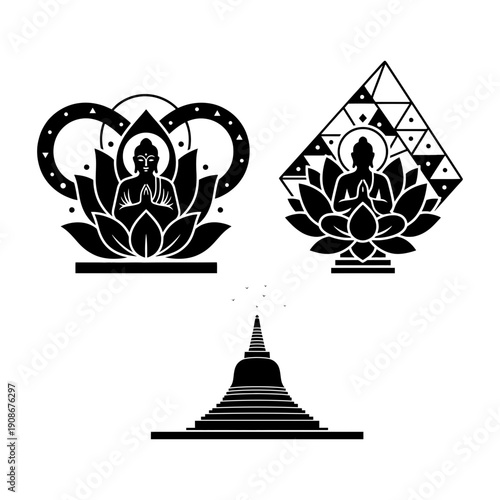 Vesak Buddha Purnima prayer and spiritual ceremony icon set
